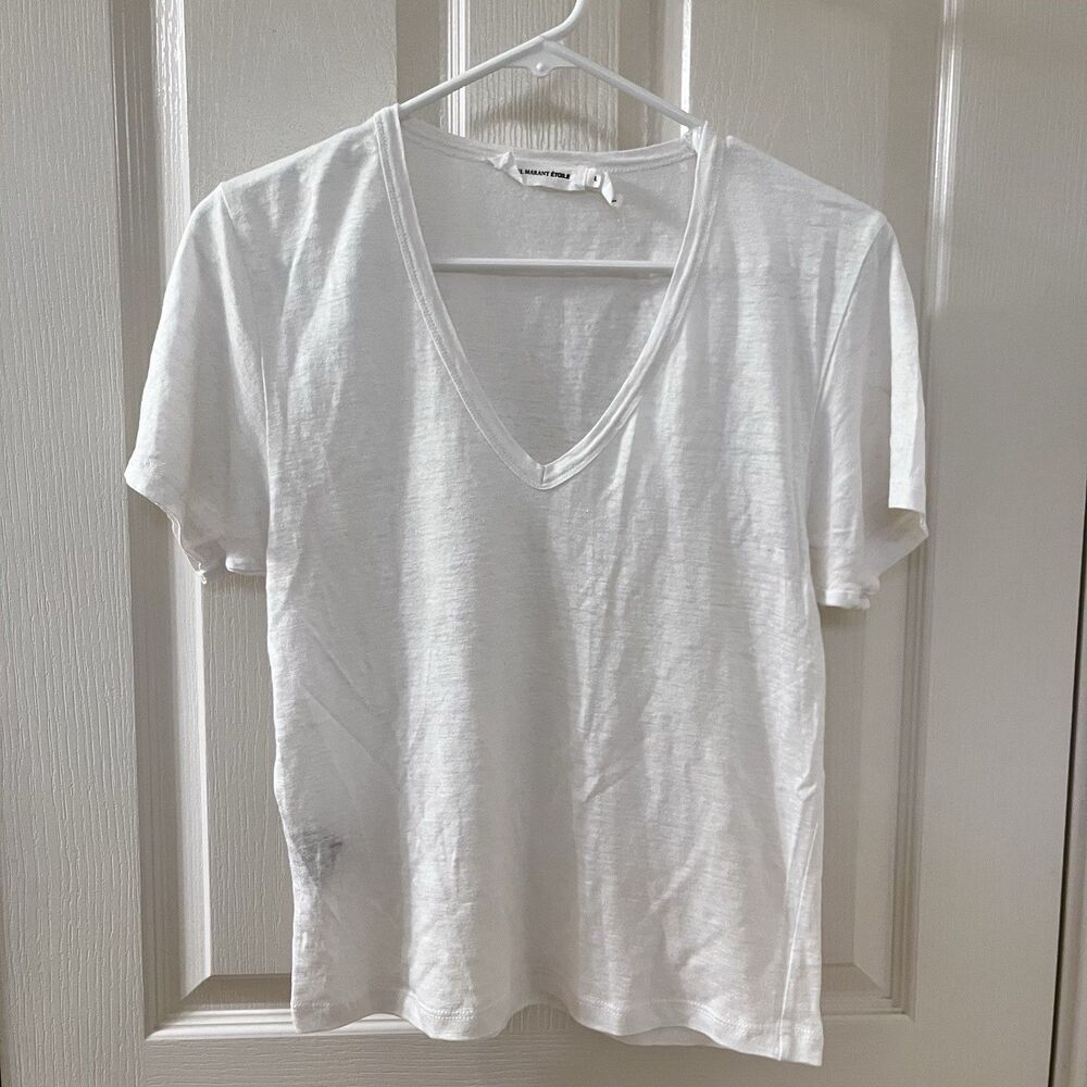 Isabel Marant Étoile V-Neck Short Sleeve Top 100% Linen Off-White Women's Large